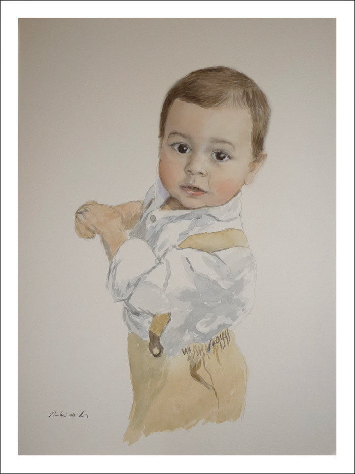Retrato en acuarela de un niño pintado por encargo a partir de una foto.