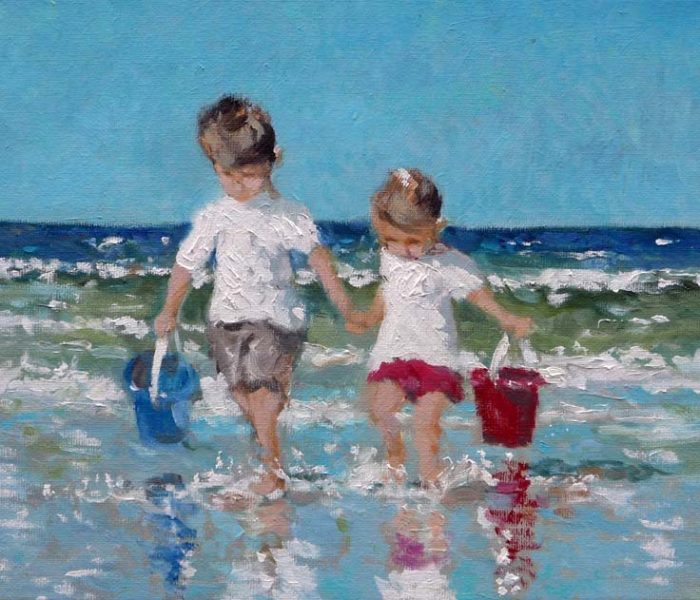Cuadro al oleo de unos niños paseando por la orilla del mar