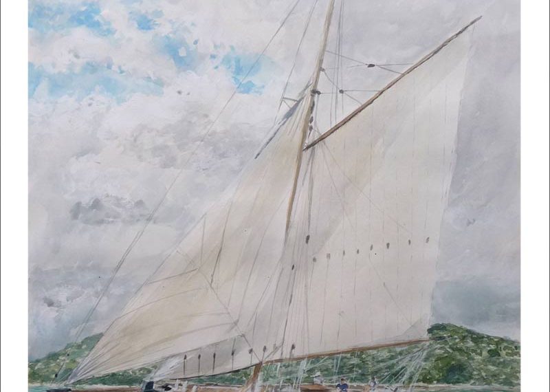 Acuarela de un velero junto a la costa