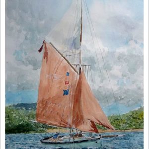 Acuarela de un velero con la vela roja