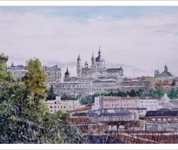 Acuarela de un paisaje de Madrid desde el Templo de Debod del pintor Rubén de Luis