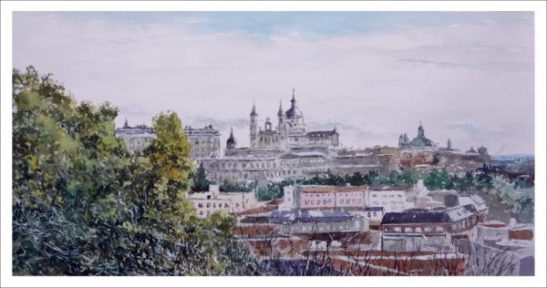 Acuarela de un paisaje de Madrid desde el Templo de Debod del pintor Rubén de Luis