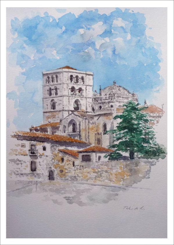 Acuarela de la catedral de Zamora del pintor Rubén de Luis
