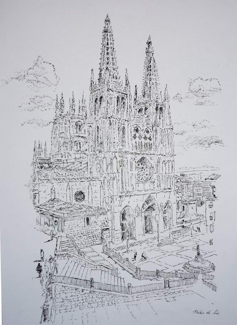 Un dibujo a tinta realizado con plumilla de la Catedral de Burgos