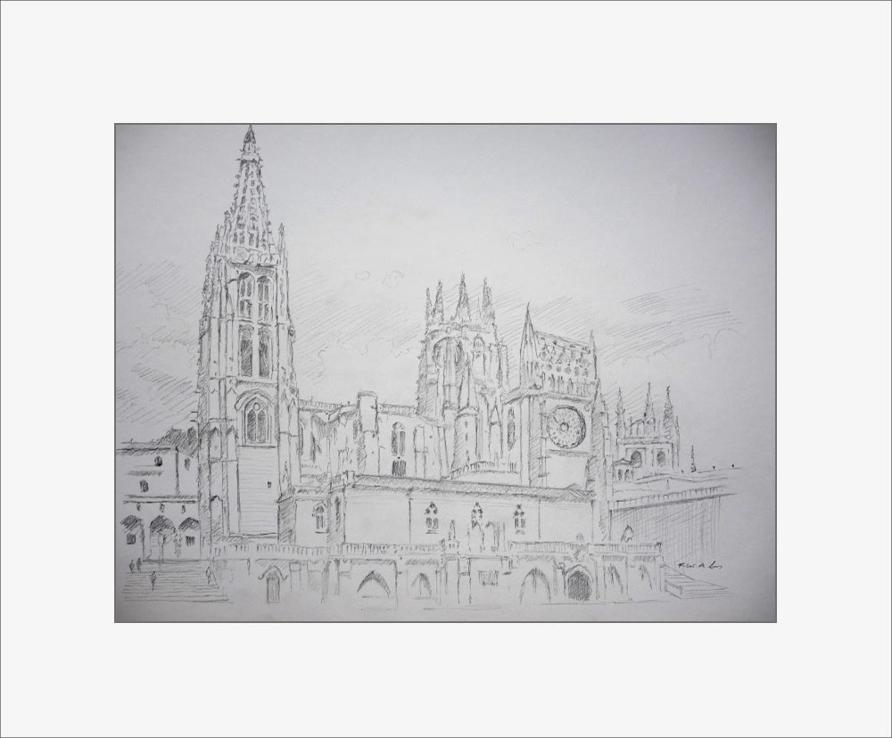 Dibujo a lápiz de grafito de la Catedral de Burgos realizado por Rubén de Luis