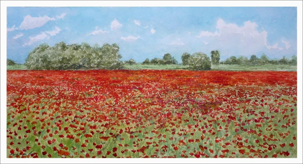 Acuarela de un paisaje de amapolas pintado por Rubén de Luis