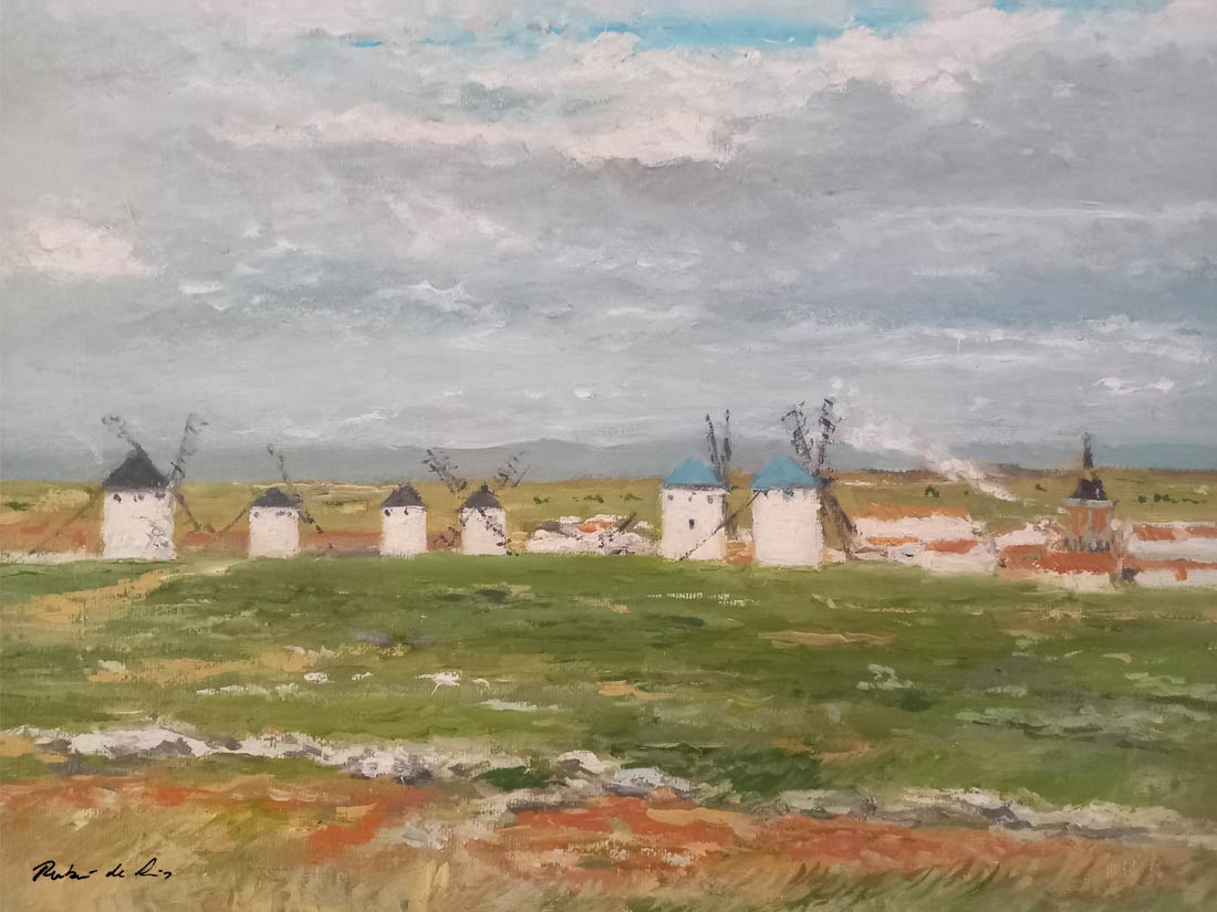 Cuadro al oleo de un paisaje con molinos en el Campo de Criptana, Ciudad Real, pintado por Rubén de Luis