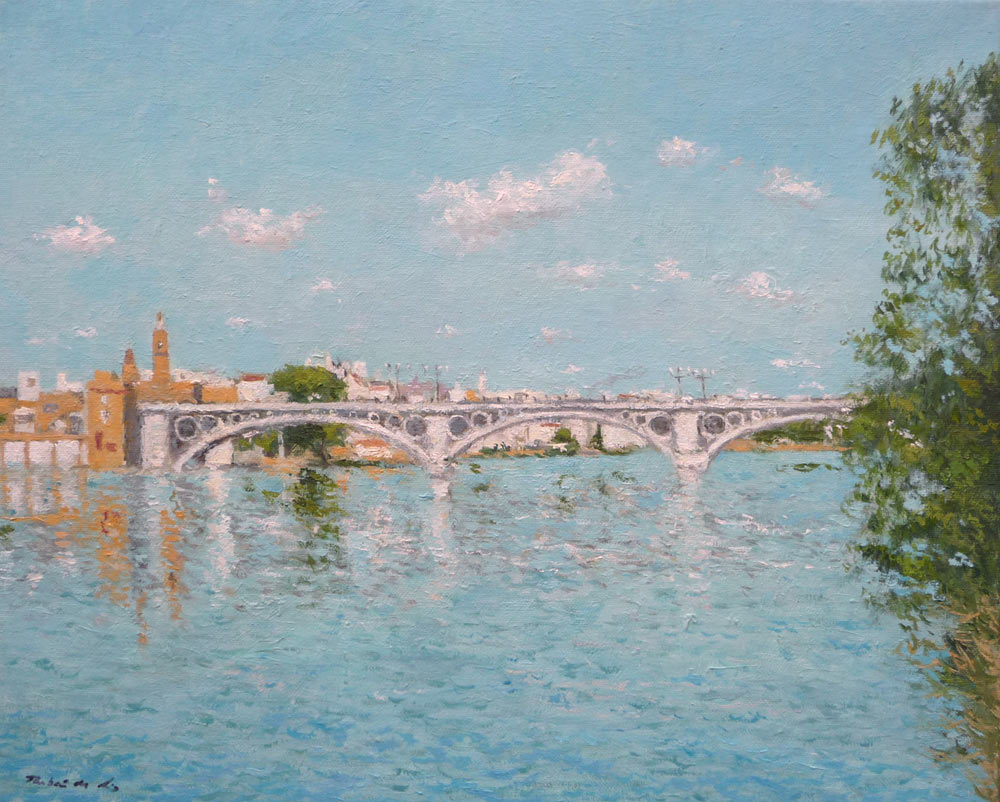 Cuadro al oleo del puente de Triana en Sevilla pintado por el pintor Rubén de Luis