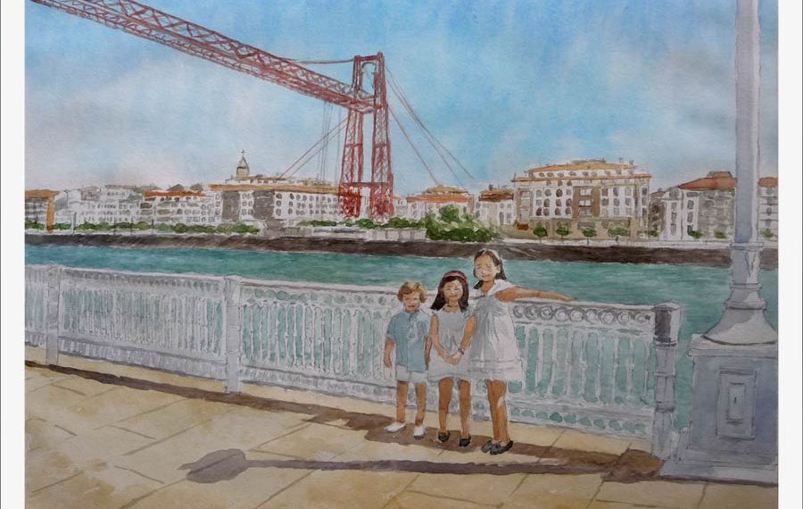 Acuarela del puente colgante de Portugalete