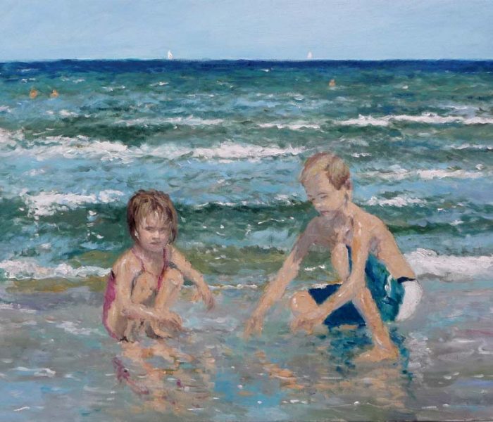 Cuadro al oleo de unos niños jugando en la playa de la Malvarrosa, Valencia.