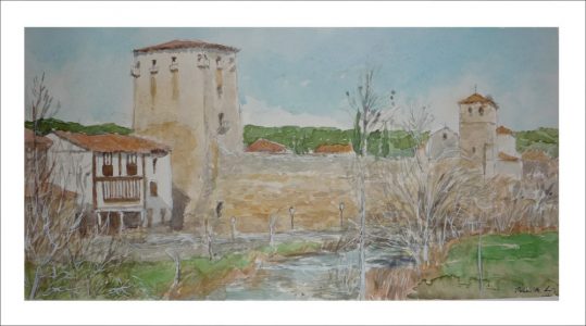 Acuarela de un paisaje de Covarrubias, Burgos