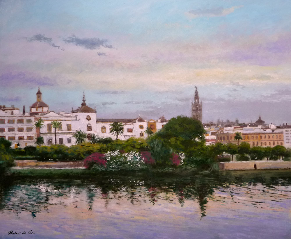 Un cuadro al oleo de un paisaje de Sevilla pintado por Rubén de Luis