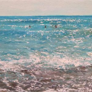 Cuadro de una marina al oleo del Mar Mediterráneo en una playa del Levante con un efecto de luz de mediodía pintado por Rubén de Luis.