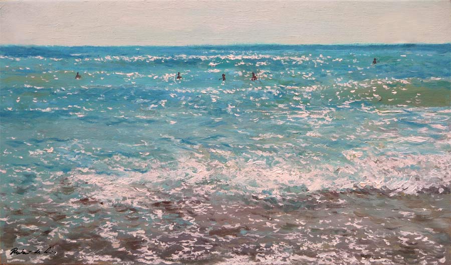 Cuadro de una marina al oleo del Mar Mediterráneo en una playa del Levante con un efecto de luz de mediodía pintado por Rubén de Luis.