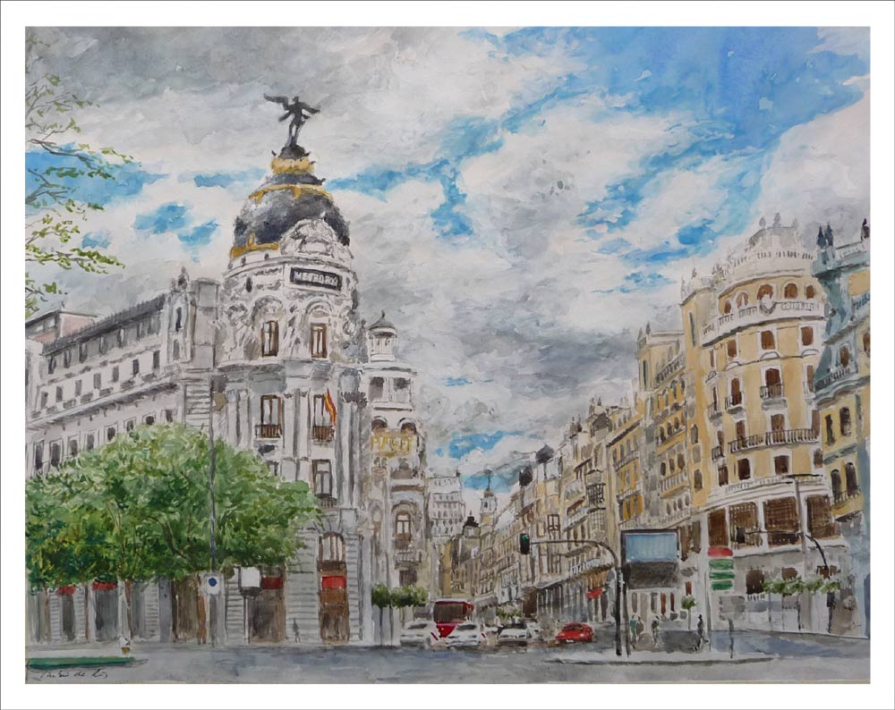 Acuarela del edificio Metrópolis de Madrid Acuarela de la Gran Vía de Madrid y el edificio Metrópolis.