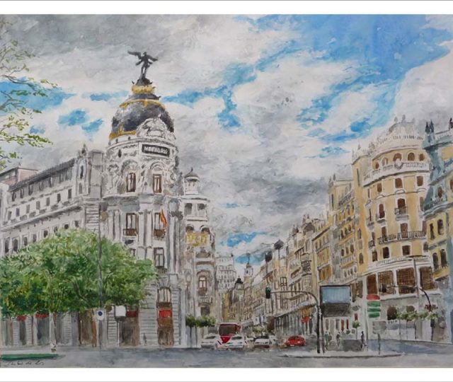 Acuarela de la Gran Vía, Madrid, del pintor Rubén de Luis.