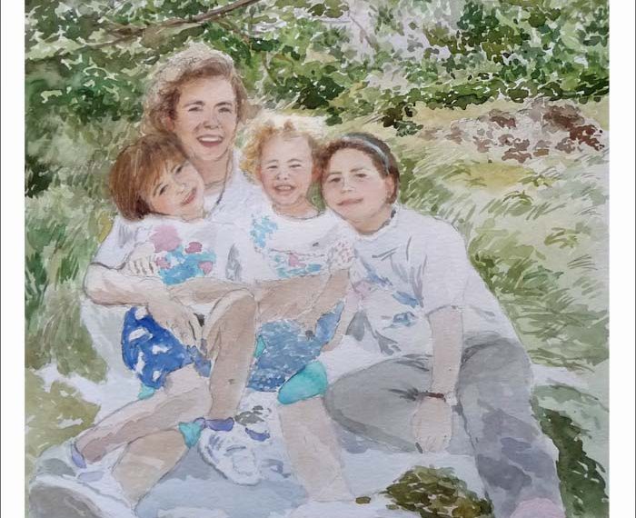 Retrato familiar en acuarela pintado por Rubén de Luis