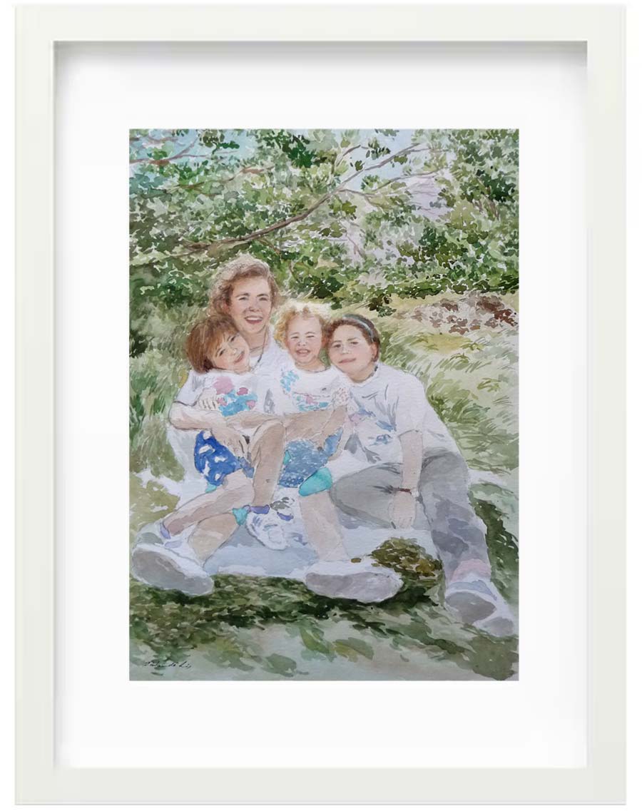 Cuadro de un retrato familiar en acuarela del pintor Rubén de Luis