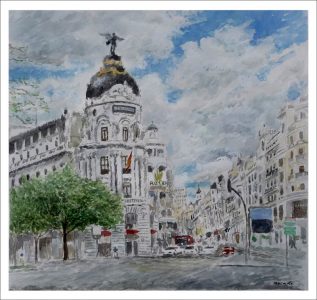 Cuadro en acuarela del edificio Metropolis de Madrid