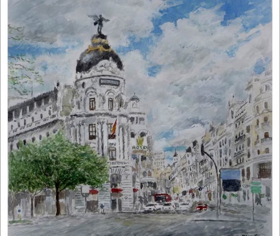 Acuarela del Edificio Metrópolis en la Gran Vía de Madrid