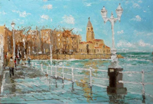 Cuadro al oleo del paseo marítimo de la playa de San Lorenzo, Gijón