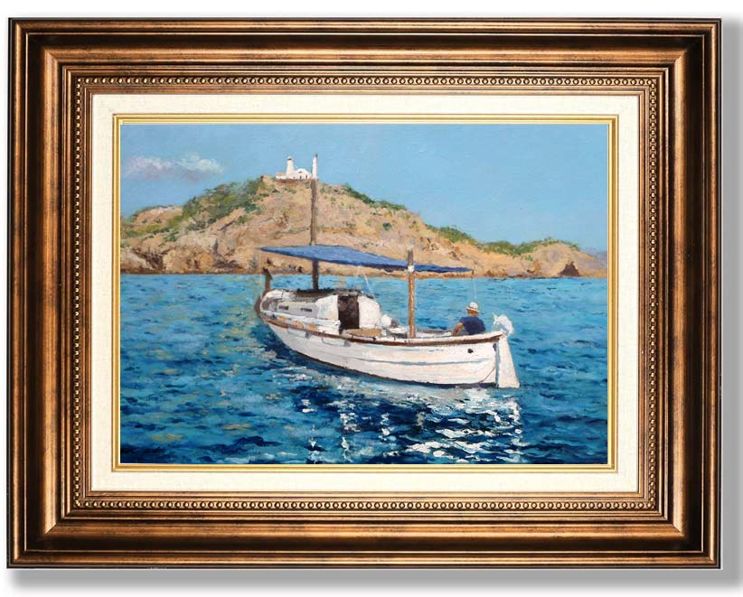 Cuadro al oleo de un llaüt en Menorca realizado por el pintor Rubén de Luis