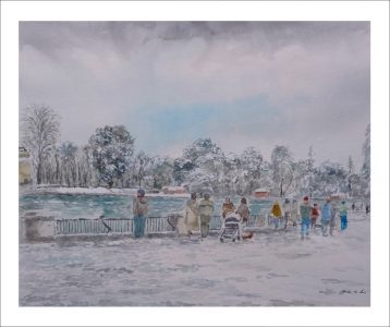 Acuarela del Parque del Retiro nevado