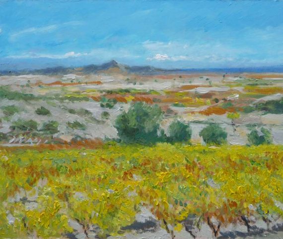 Cuadro al oleo de un viñedo amarillo en La Rioja