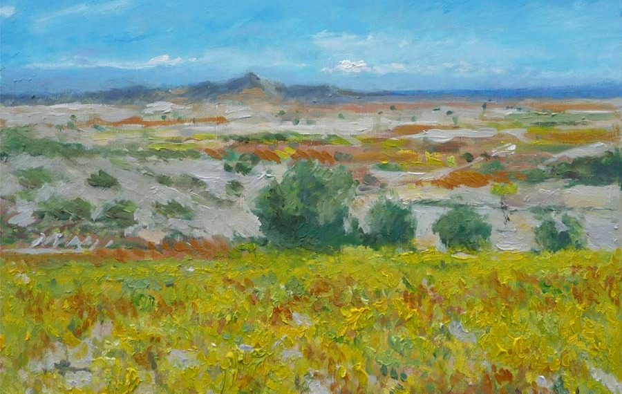 Cuadro al oleo de un viñedo amarillo en La Rioja