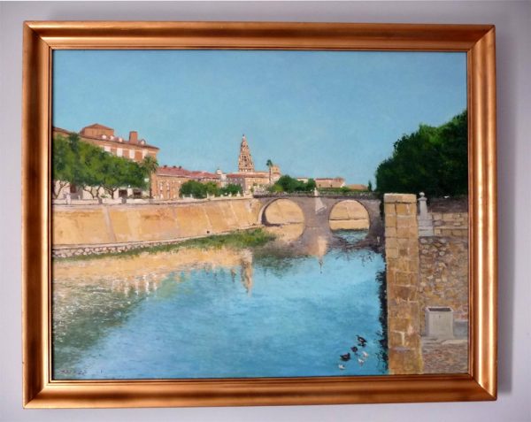 Cuadro al oleo de un paisaje de Murcia junto al río Segura y el Puente de los Peligros