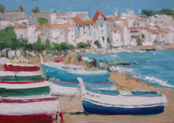 Cuadro al oleo de unas barcas en Cadaqués
