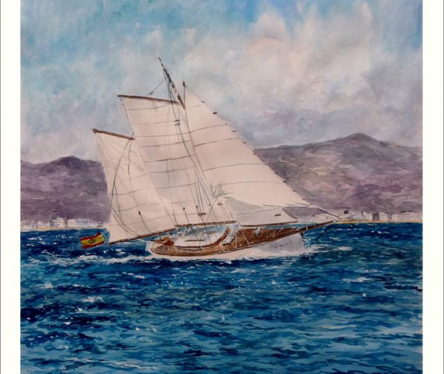 Acuarela de un velero navegando en la bahía de Palma pintado por Rubén de Luis para la serie de cuadros de veleros y regatas.