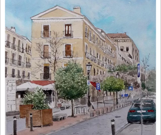 Acuarela de la calle Huertas en Madrid