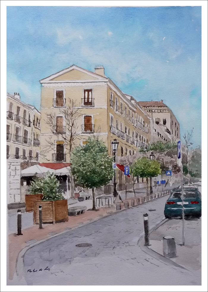 Acuarela de la calle Huertas en Madrid