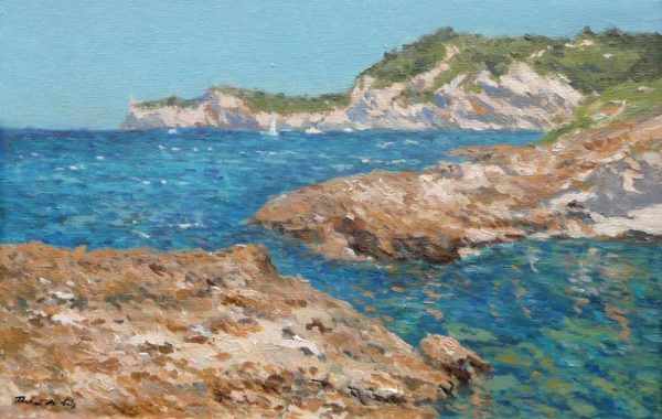 Cuadro al oleo de la Cala Blanca en Jávea pintado por Rubén de Luis