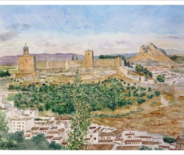 Acuarela de un paisaje de Antequera del pintor Rubén de Luis