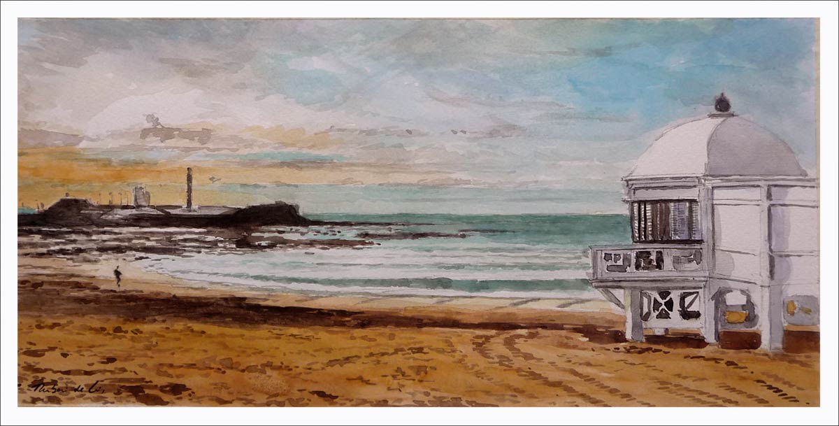 Acuarela de la playa de la Caleta en Cádiz realizada por Rubén de Luis
