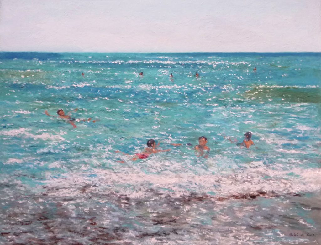 Cuadro de una marina al oleo de una playa del Mediterráneo pintada por Rubén de Luis