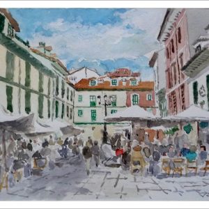 Acuarela de la plaza del Fontán en Oviedo del pintor Rubén de Luis