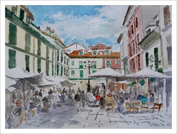 Acuarela de la plaza del Fontán en Oviedo del pintor Rubén de Luis