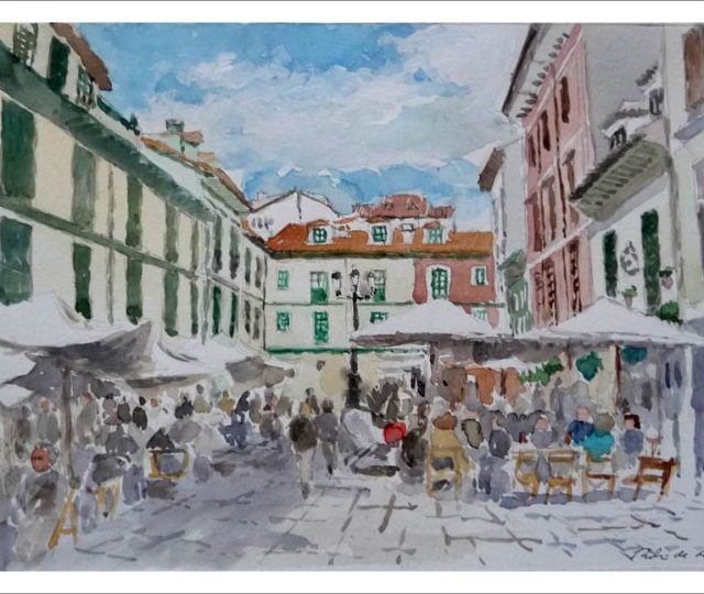 Acuarela de la plaza del Fontán en Oviedo del pintor Rubén de Luis