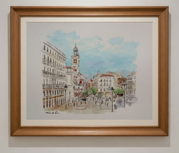 Cuadro en acuarela de la Puerta del Sol de Madrid