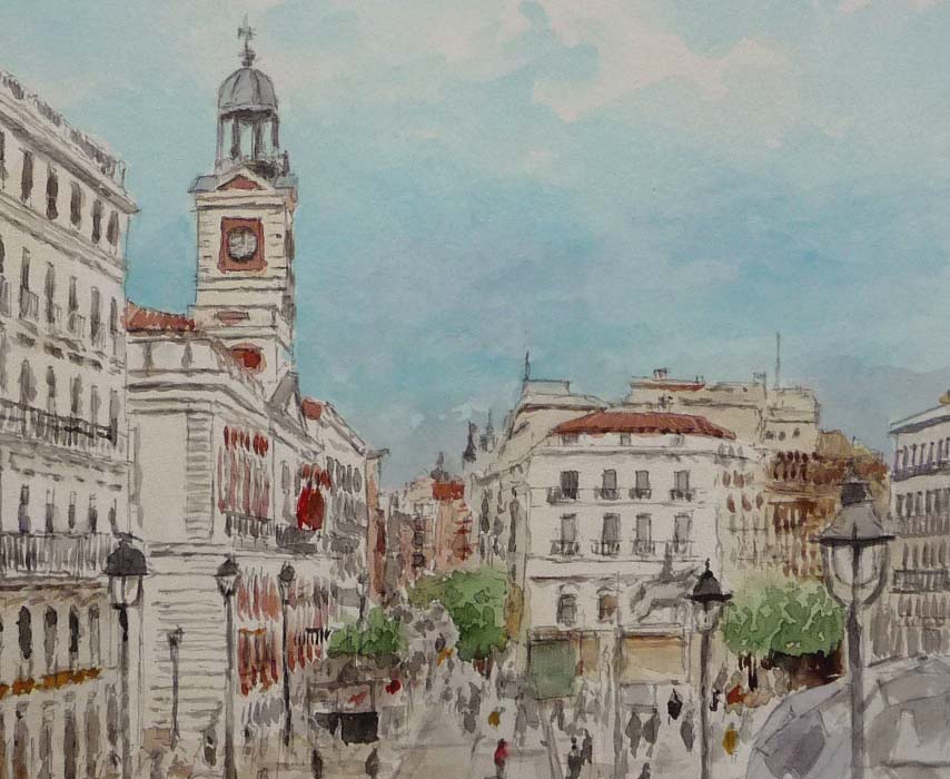 Detalle ampliado de la acuarela de la Puerta del Sol de Madrid