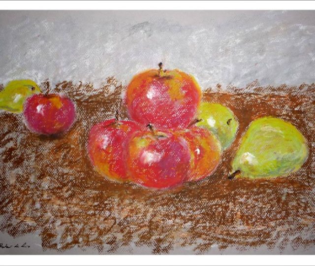 Bodegón de unas manzanas y peras realizado a pastel por Rubén de Luis