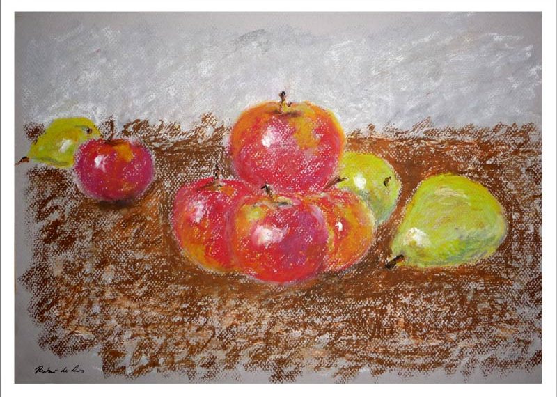 Bodegón de unas manzanas y peras realizado a pastel por Rubén de Luis