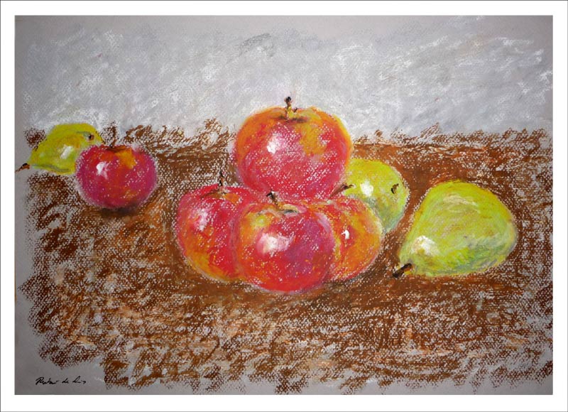 Bodegón de unas manzanas y peras realizado a pastel por Rubén de Luis