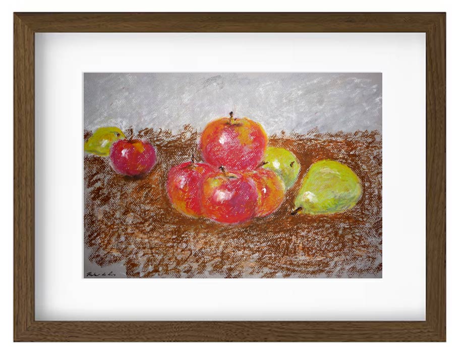 Cuadro de un bodegón de manzanas realizado a pastel