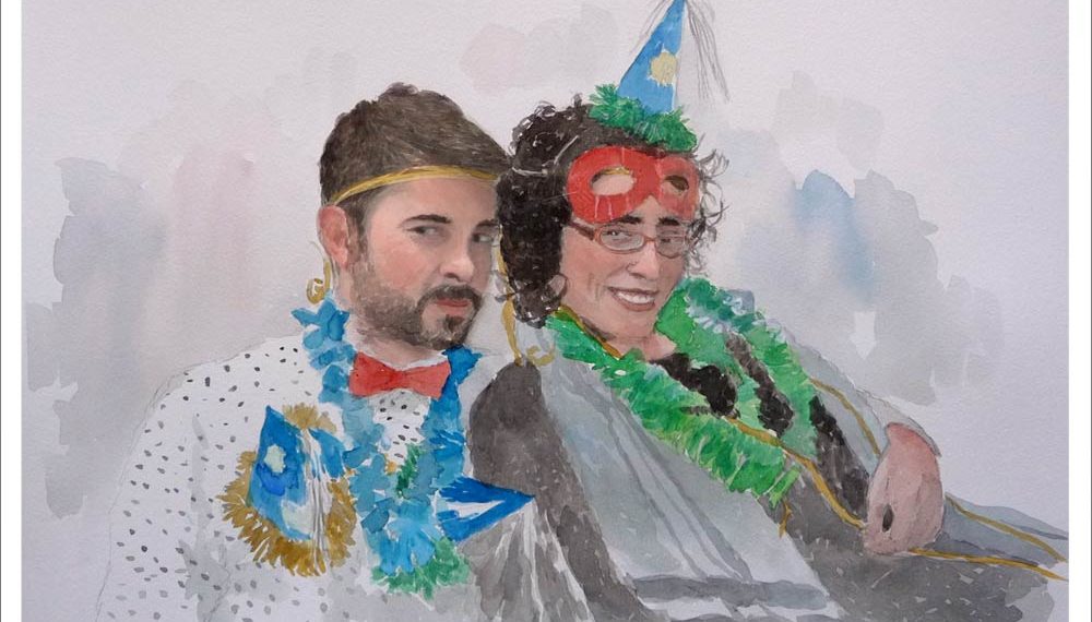 Retrato en acuarela de una pareja en Nochevieja pintada por Rubén de Luis