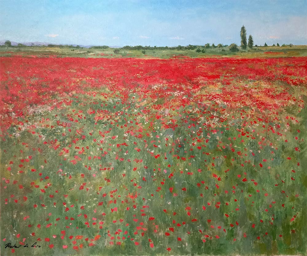 Cuadro al oleo de un paisaje de amapolas del pintor Rubén de Luis