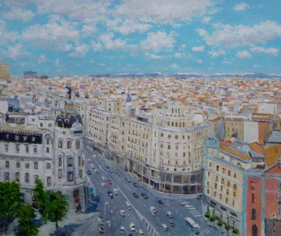 Un cuadro al oleo de la Gran Vía de Madrid pintado por Rubén de Luis. En una medida de 120x70 cms.
